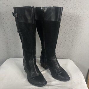 Born Boots Womens Size 8 Black Leather Suede Knee High Wide Calf Zip Block Heel